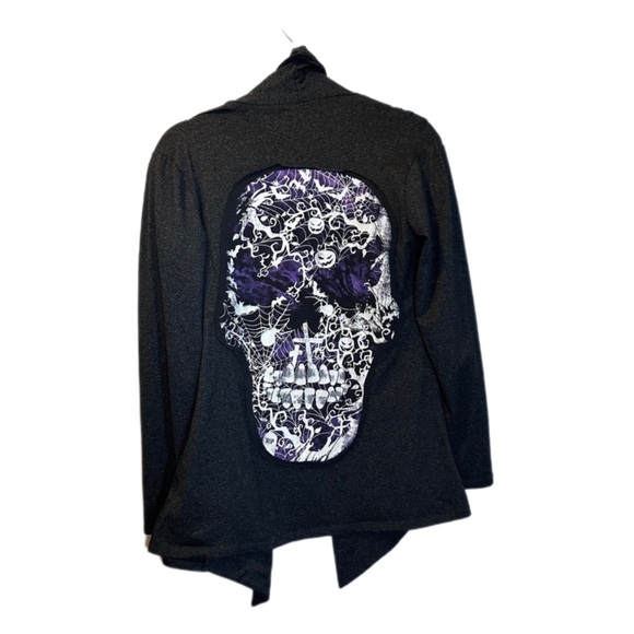 Upcycled Sweaters - Skull cardigan up cycle cracked graphic Heathered black
